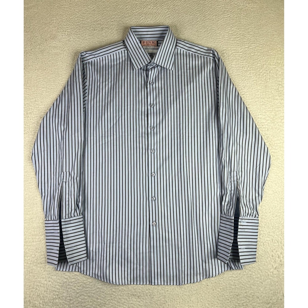 Thomas Pink Mens‎ 17 34/35 Blue Brown Stripe Slim Fit French Cuff Dress Shirt